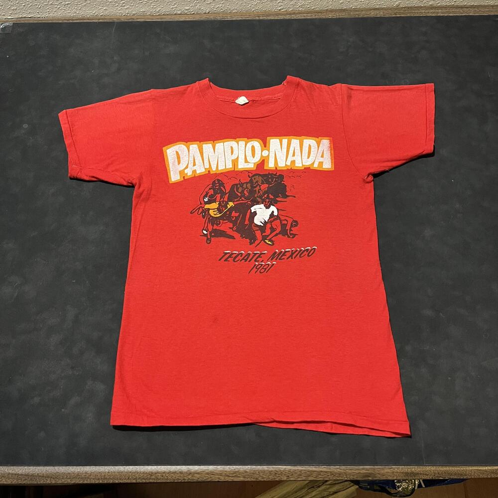 Vintage The Running of The Bulls 70s Pamplo Nada Tecate Mexico 1981 Shirt Small